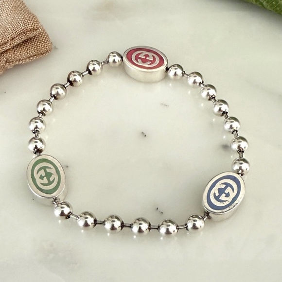 GUCCI 753442 Silver Bracelet Boule Tag 3 Color Chain - Picture 1 of 9
